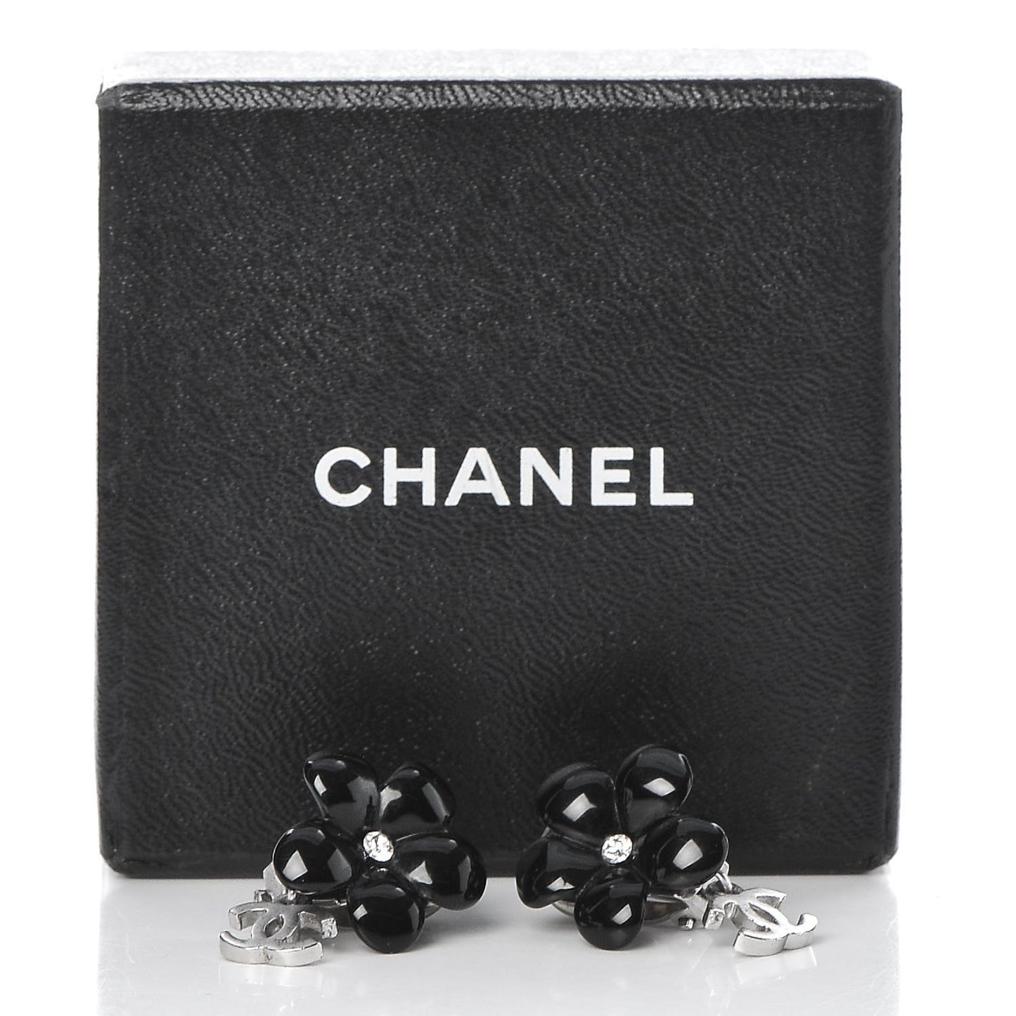 Enamel Crystal CC Camellia Drop Clip On Earrings Black