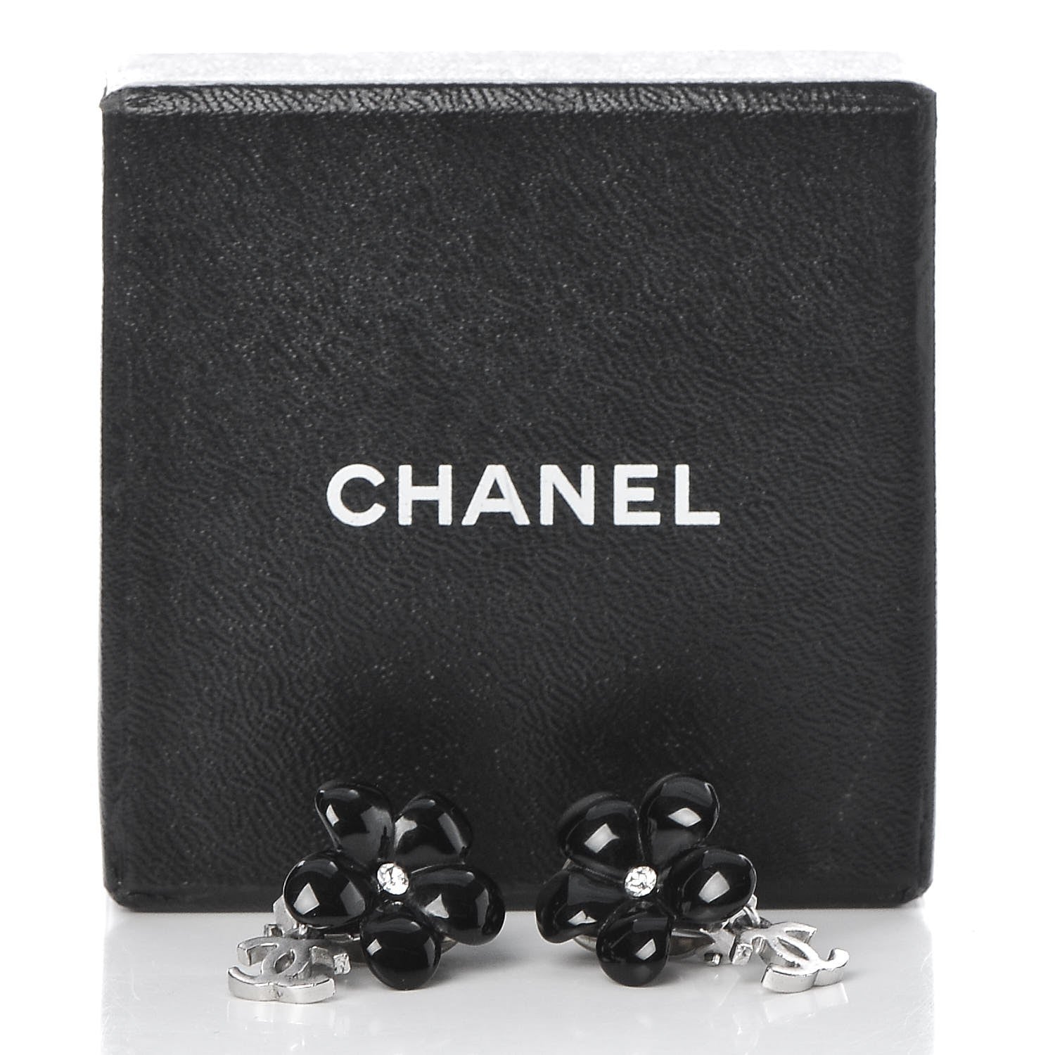 Chanel Enamel Crystal CC Camellia Drop Clip On Earrings Black 5 of 5