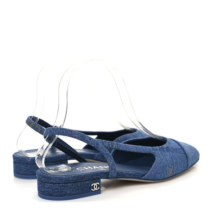 Chanel Denim Printed Mood Cap Toe CC Slingback Pumps 35.5 Light Blue Multicolor 5 of 10