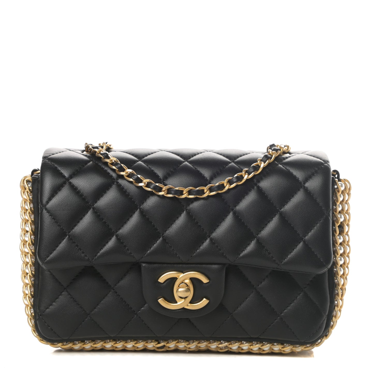Lambskin Quilted Mini River of Pearls Flap Bag Black