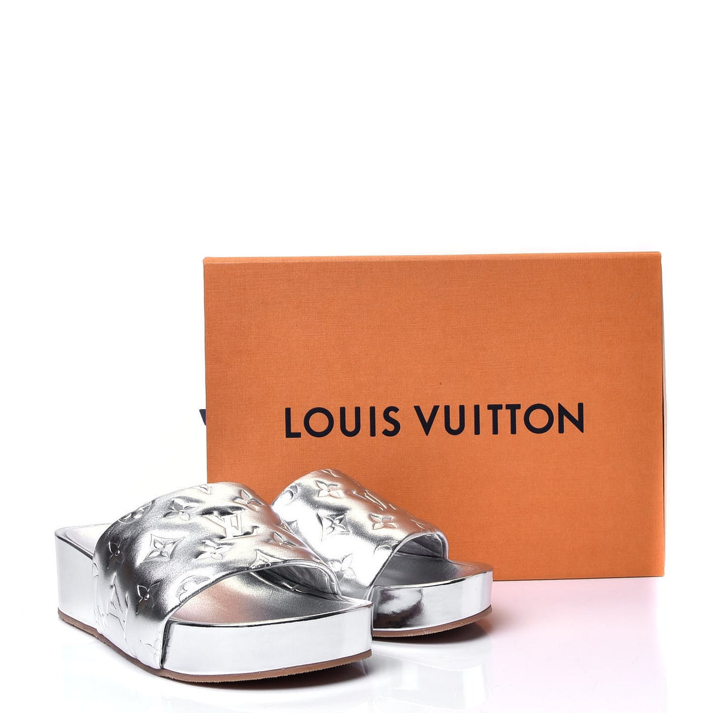 Metallic Lambskin Embossed Monogram Jumbo Flatform Mule Sandals 37 Silver