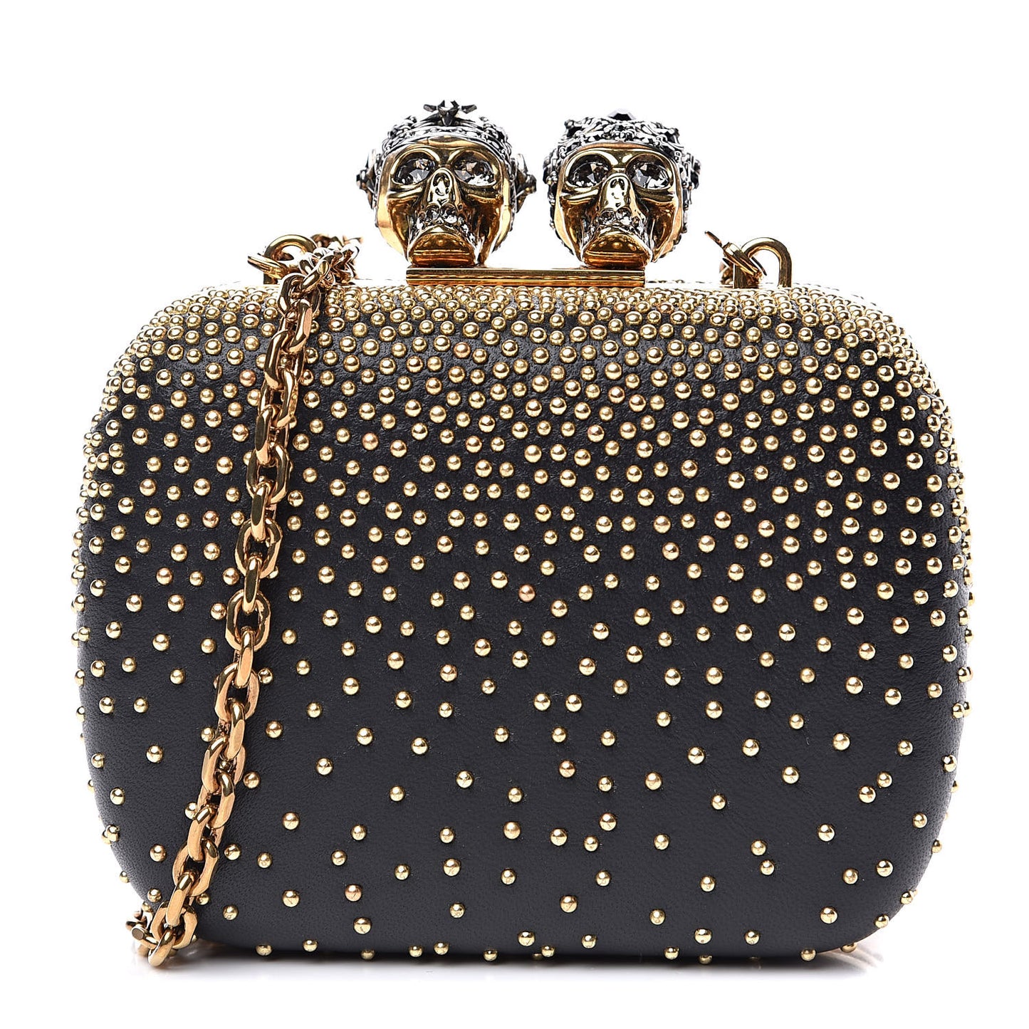 Nappa Studded Mini Queen and King Skull Box Chain Clutch Black Gold