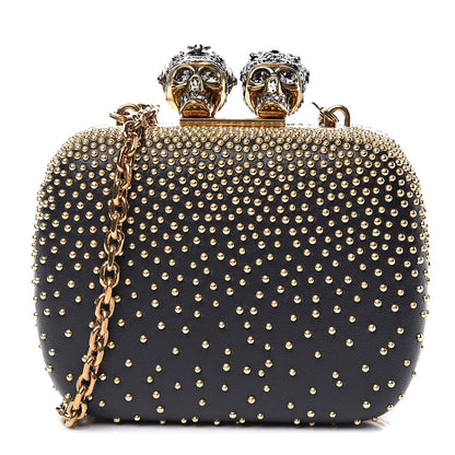 Alexander McQueen Nappa Studded Mini Queen and King Skull Box Chain Clutch Black Gold 1 of 10