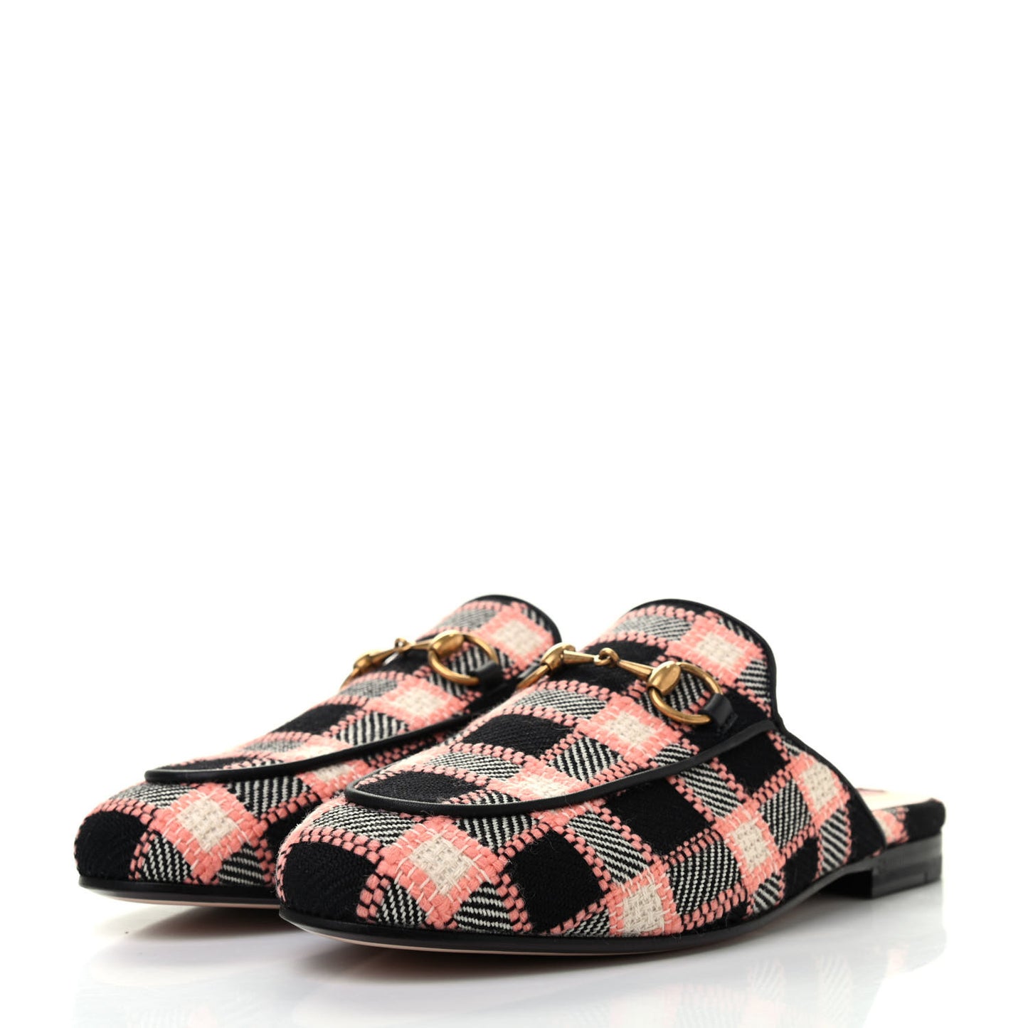 Tweed Calfskin Damier Womens Princetown Slippers 35 Black Pink Multicolor