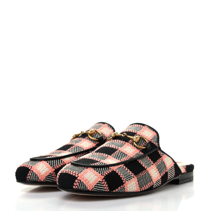 Gucci Tweed Calfskin Damier Womens Princetown Slippers 35 Black Pink Multicolor 3 of 8