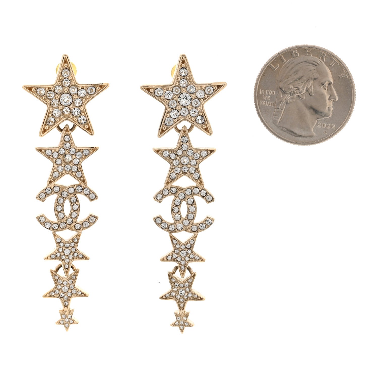 Chanel Crystal CC Star Long Drop Earrings Gold 2 of 5