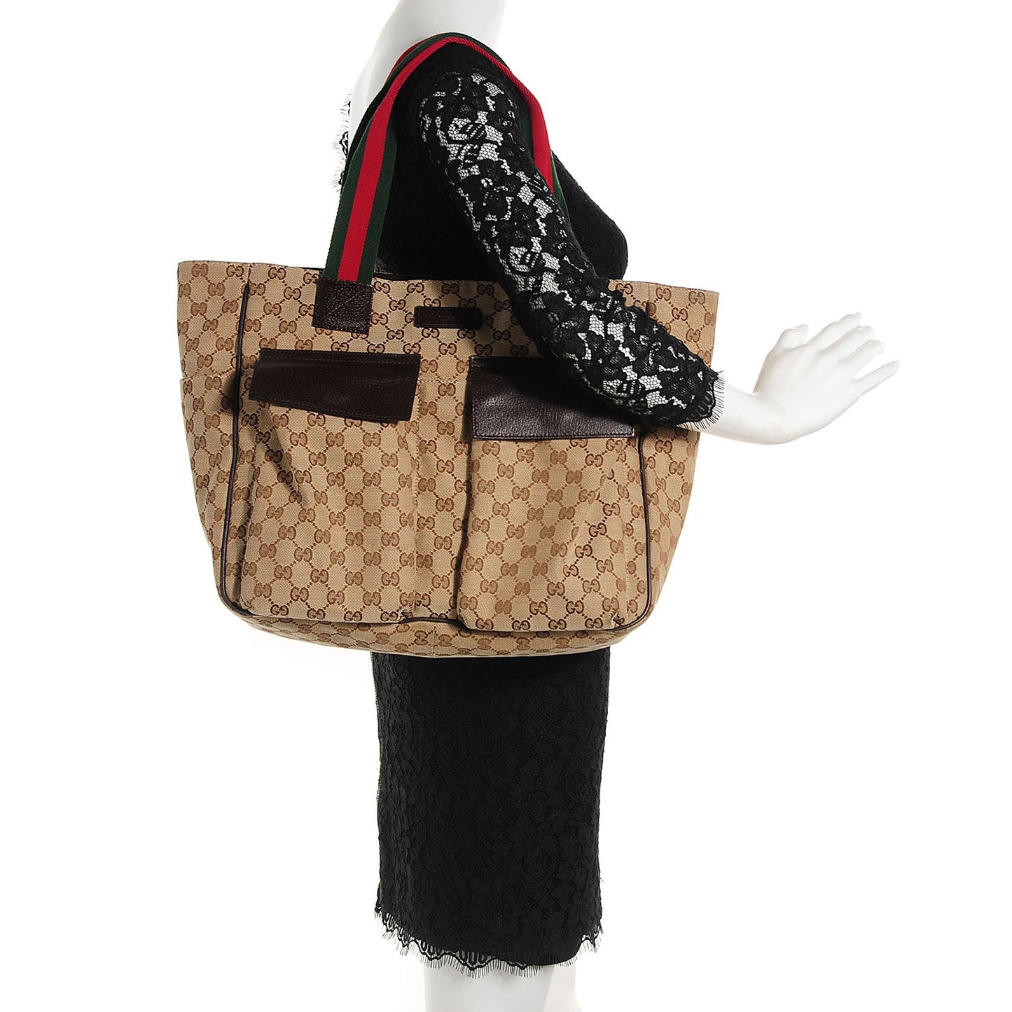 GG Monogram Medium Web Handle Double Pocket Tote Brown