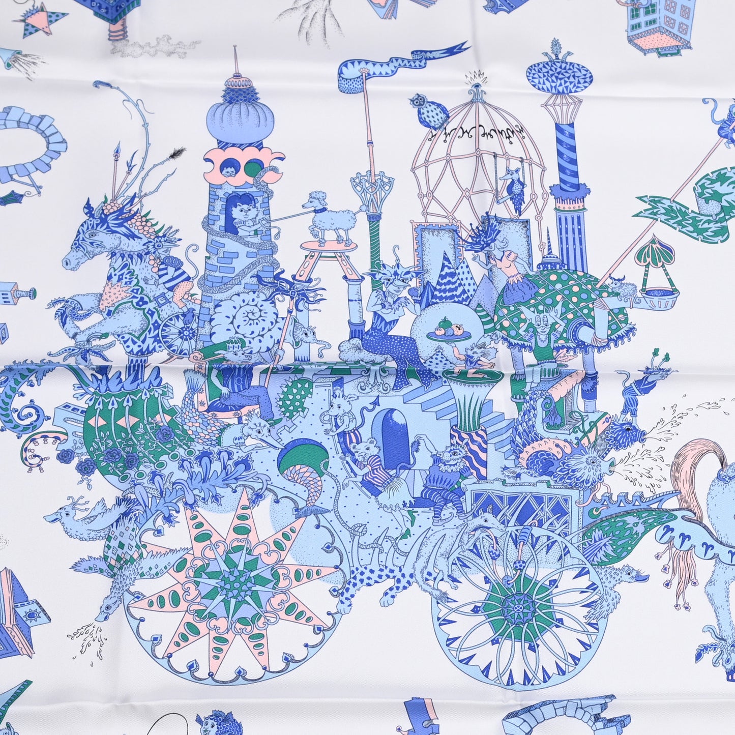 Silk Twill La Folle Parade Scarf 90 Bleu Jean White Rose