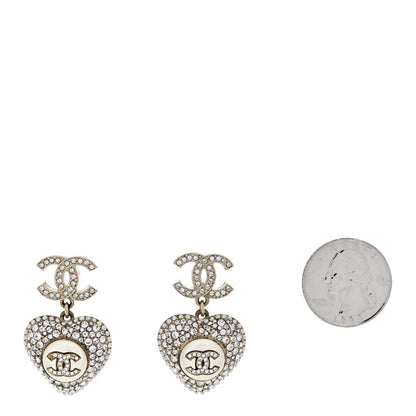 Chanel Pearl Crystal CC Heart Drop Earrings Gold White 2 of 5