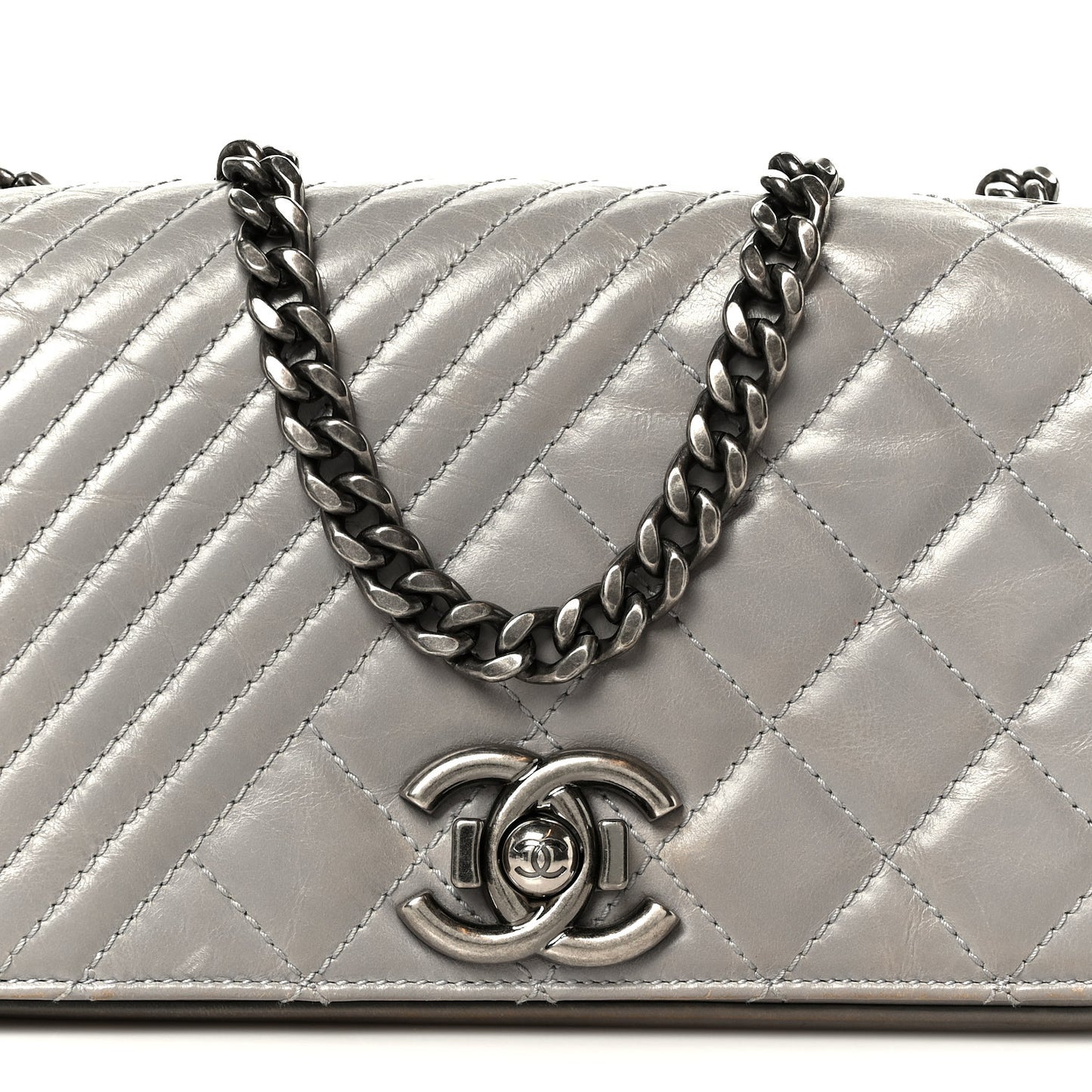 Glazed Calfskin Quilted Small Coco Boy Flap Grey