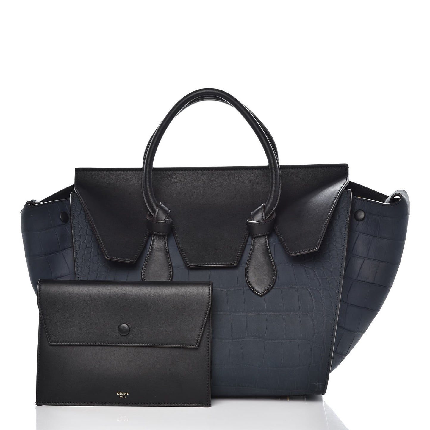 Smooth Calfskin Nubuck Crocodile Embossed Small Tie Knot Tote Navy