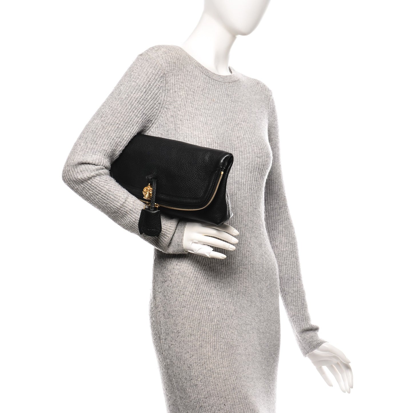 Grainy Calfskin Padlock Skull Clutch Black