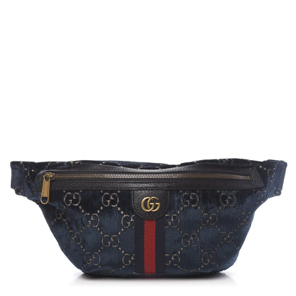 Gucci Velvet GG Monogram Web Belt Bag Blue Beige 1 of 10