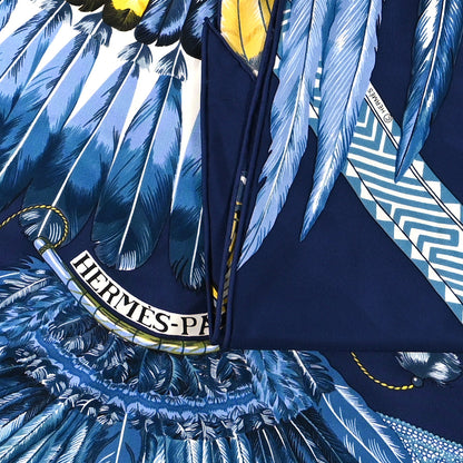 Hermes Silk Brazil Giant Triangle Scarf Bleu Nuit Jaune 3 of 4