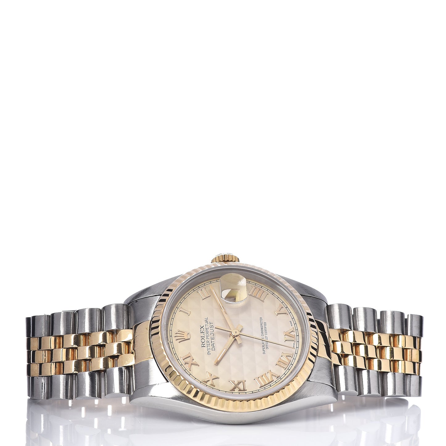 Stainless Steel 18K Yellow Gold 36mm Oyster Perpetual Datejust Watch Champagne Pyramid Roman 16233