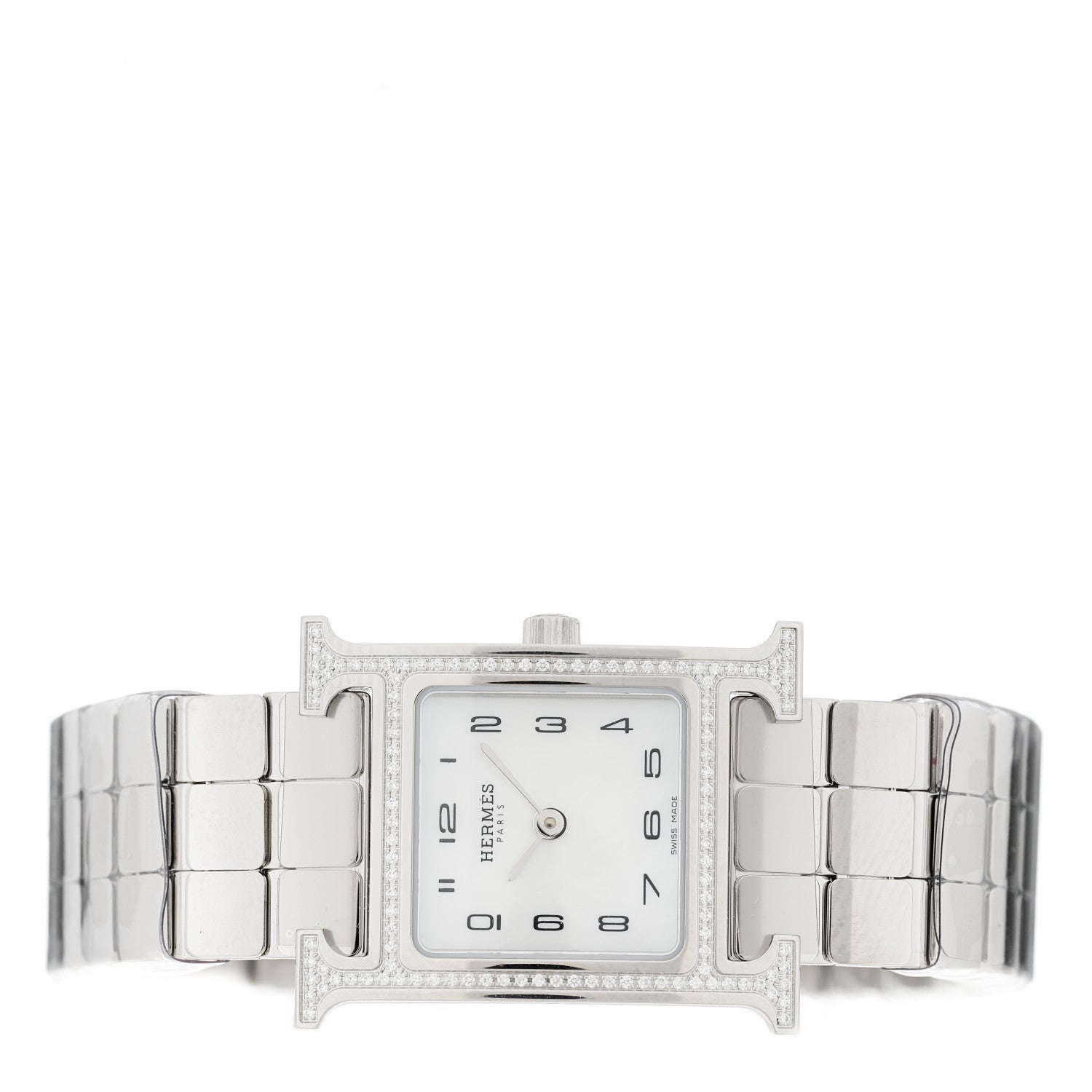 Hermes Stainless Steel Diamond Bezel Mother of Pearl 21mm Heure H Hour Quartz Watch 2 of 5