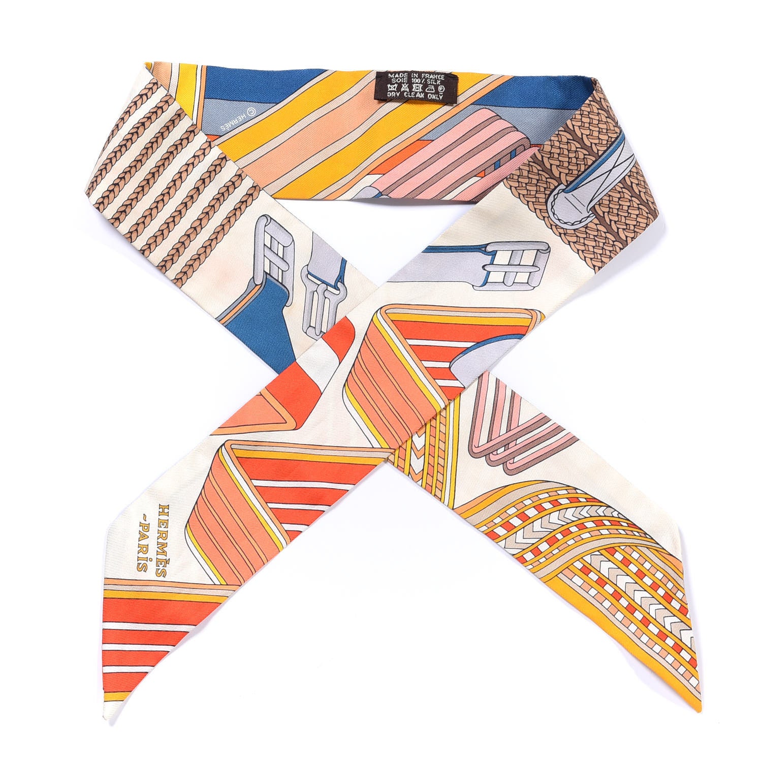 Hermes Silk Sangles En Zigzag Twilly Ivory Orange Bleu 1 of 4