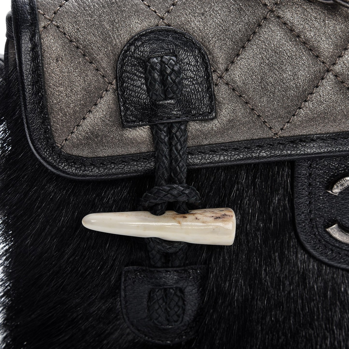Metallic Goatskin Fur Quilted Hunting Flap Silver Black