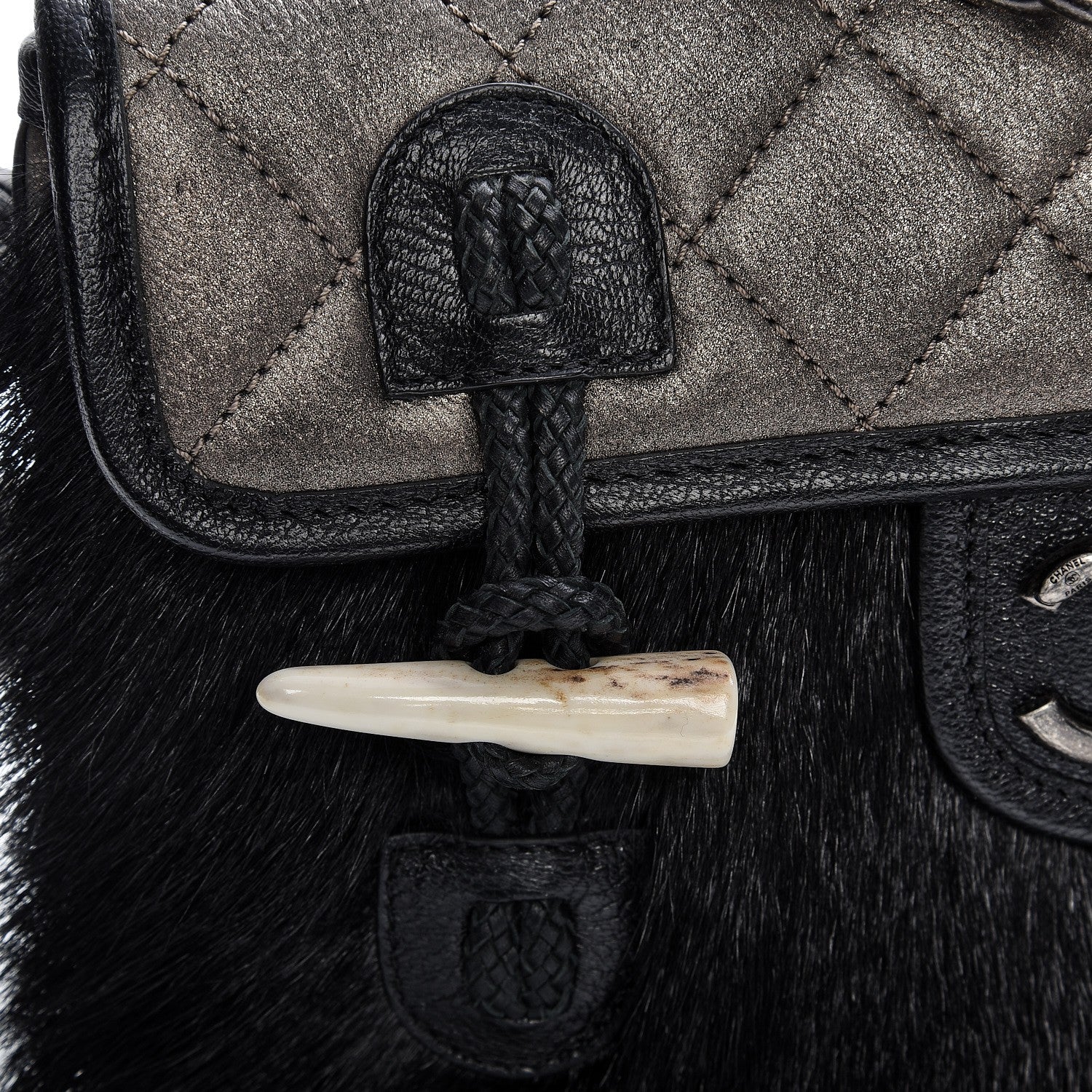 Chanel Metallic Goatskin Fur Quilted Hunting Flap Silver Black 9 of 10