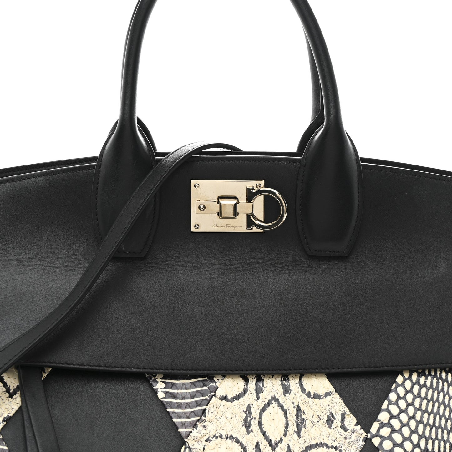 Calfskin Snakeskin Gancini Large Studio Bag Black Beige