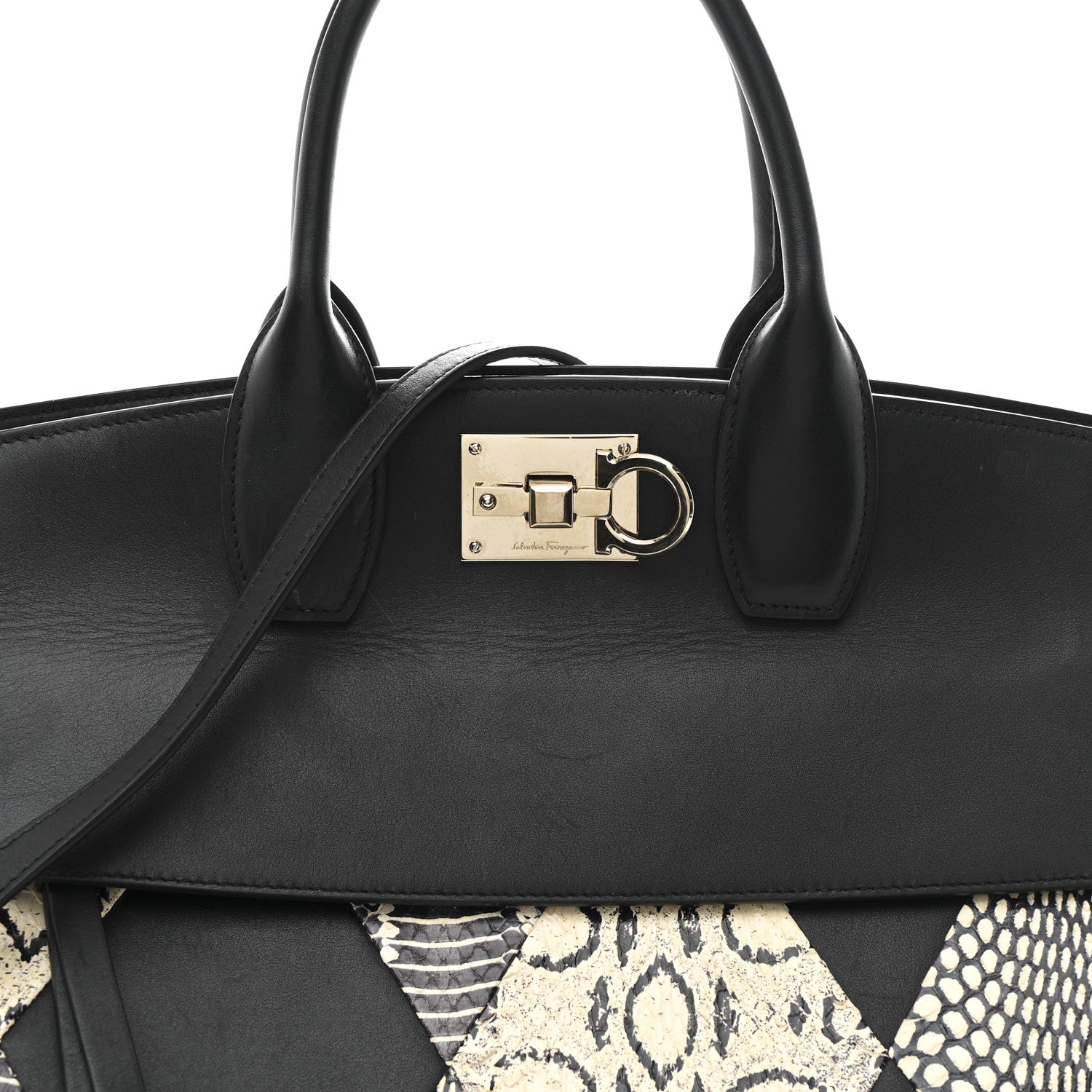 Salvatore Ferragamo Calfskin Snakeskin Gancini Large Studio Bag Black Beige 9 of 14