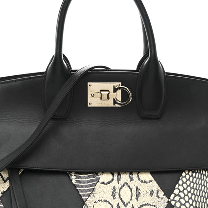 Salvatore Ferragamo Calfskin Snakeskin Gancini Large Studio Bag Black Beige 9 of 14