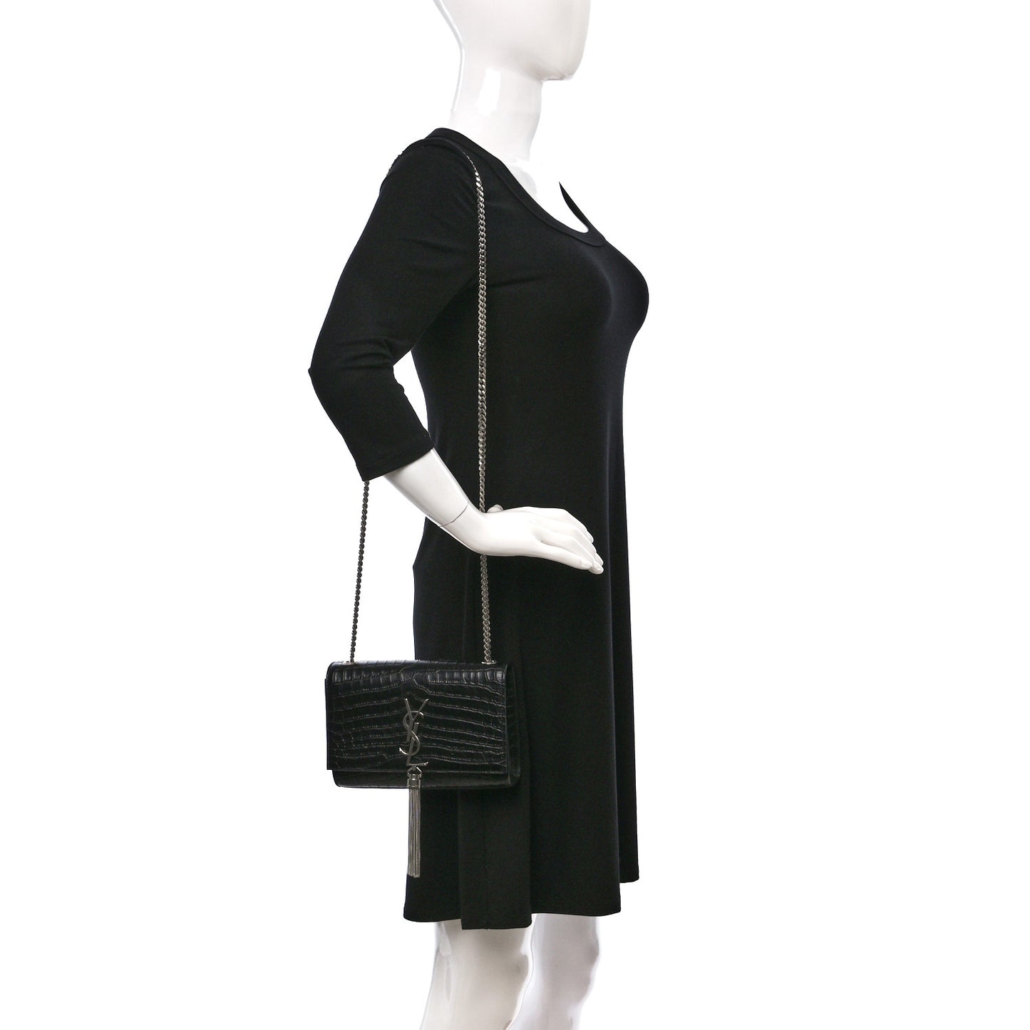 Calfskin Crocodile Embossed Small Classic Monogram Kate Tassel Satchel Black