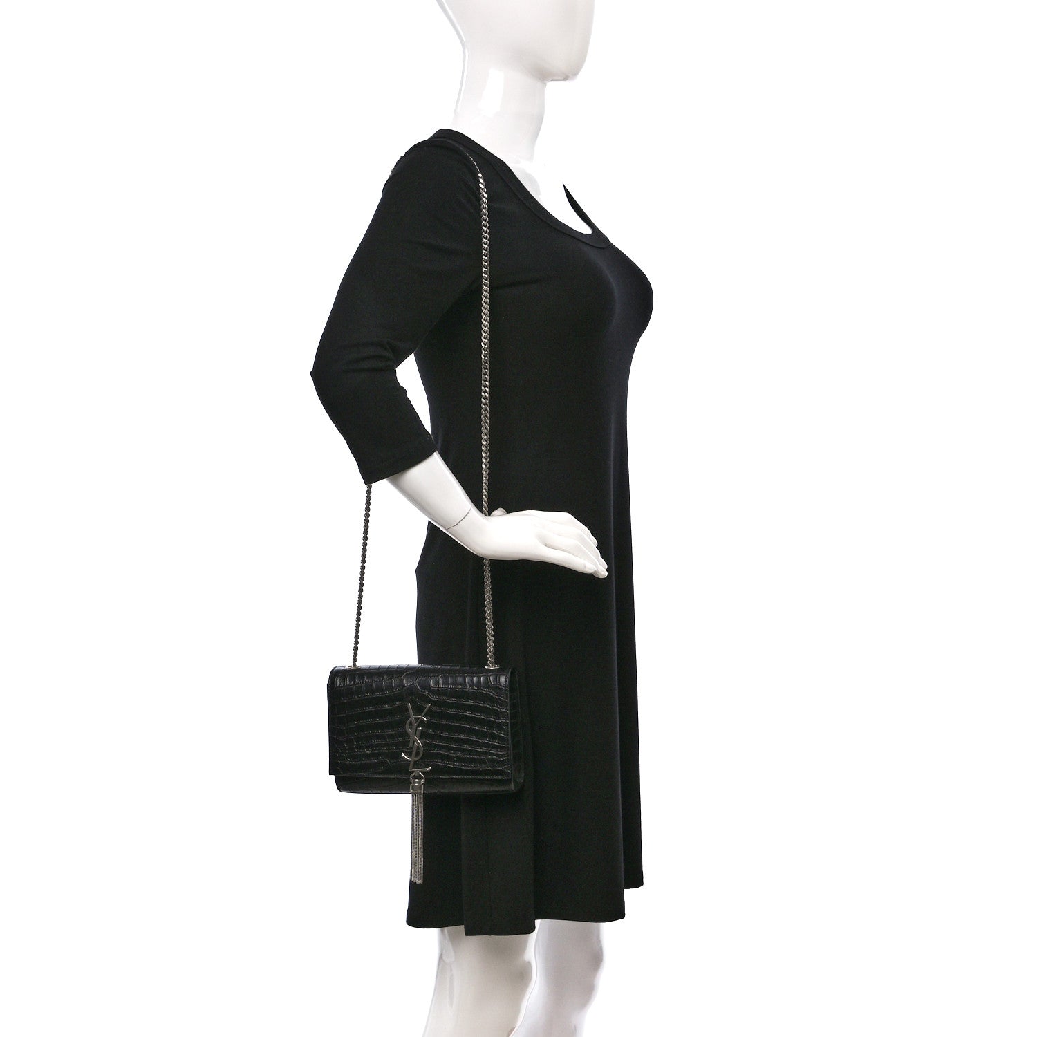 Saint Laurent Calfskin Crocodile Embossed Small Classic Monogram Kate Tassel Satchel Black 2 of 9