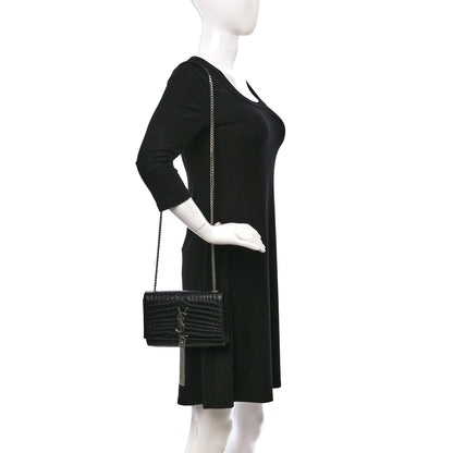 Saint Laurent Calfskin Crocodile Embossed Small Classic Monogram Kate Tassel Satchel Black 2 of 9