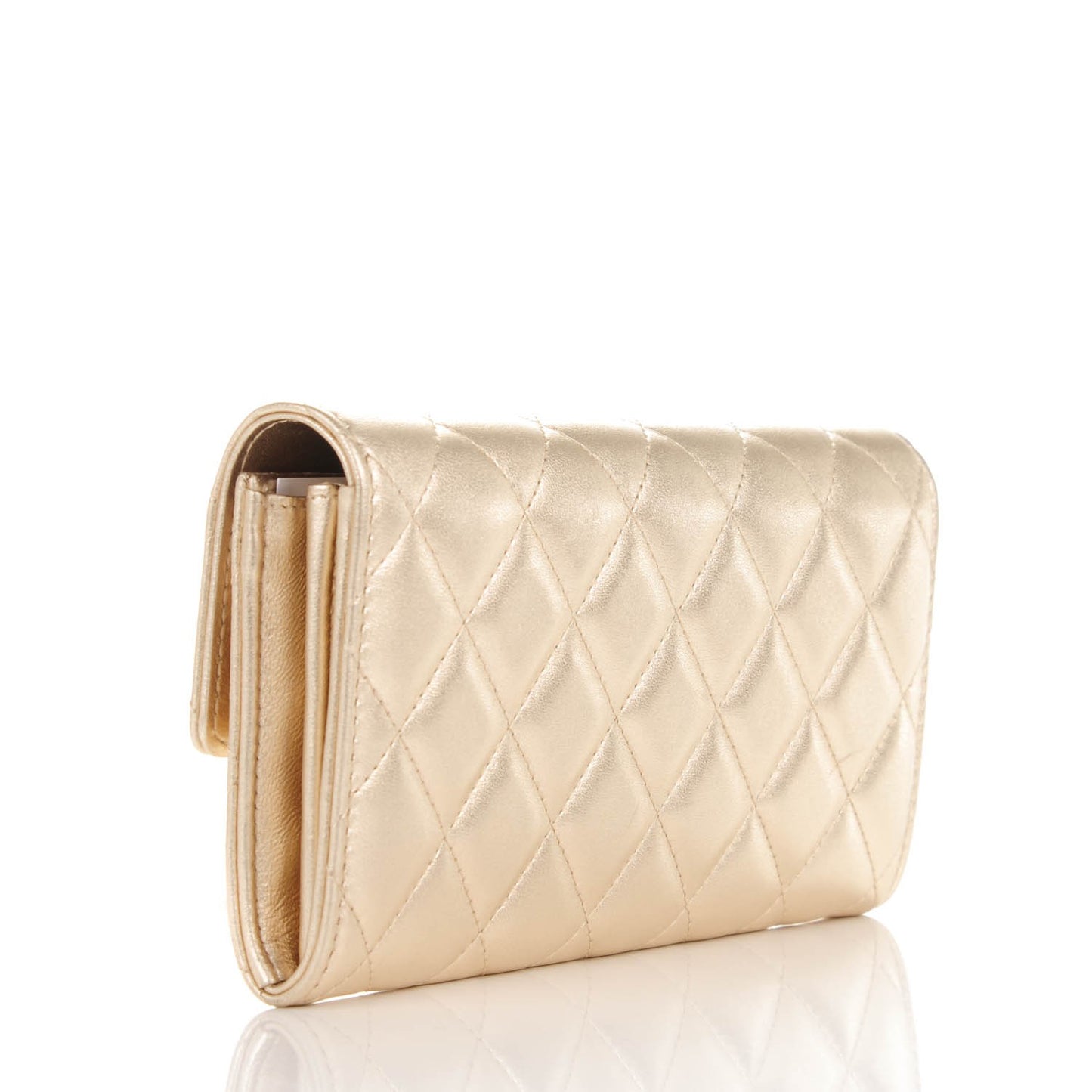 Metallic Lambskin Quilted Large Gusset Flap Wallet Gold