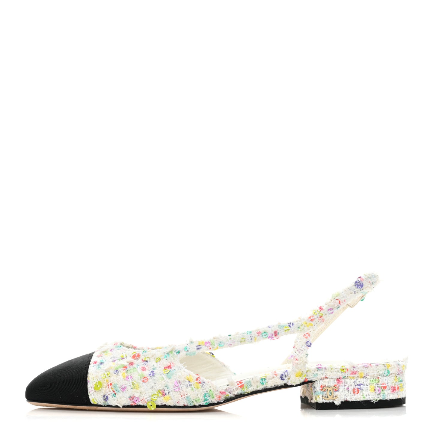 Tweed Grosgrain Toe CC Slingback Flat 36.5 White Multicolor Black