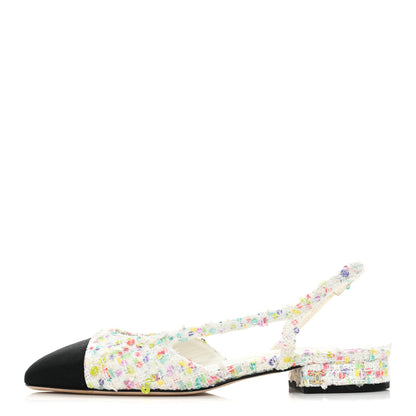 Chanel Tweed Grosgrain Toe CC Slingback Flat 36.5 White Multicolor Black 1 of 8