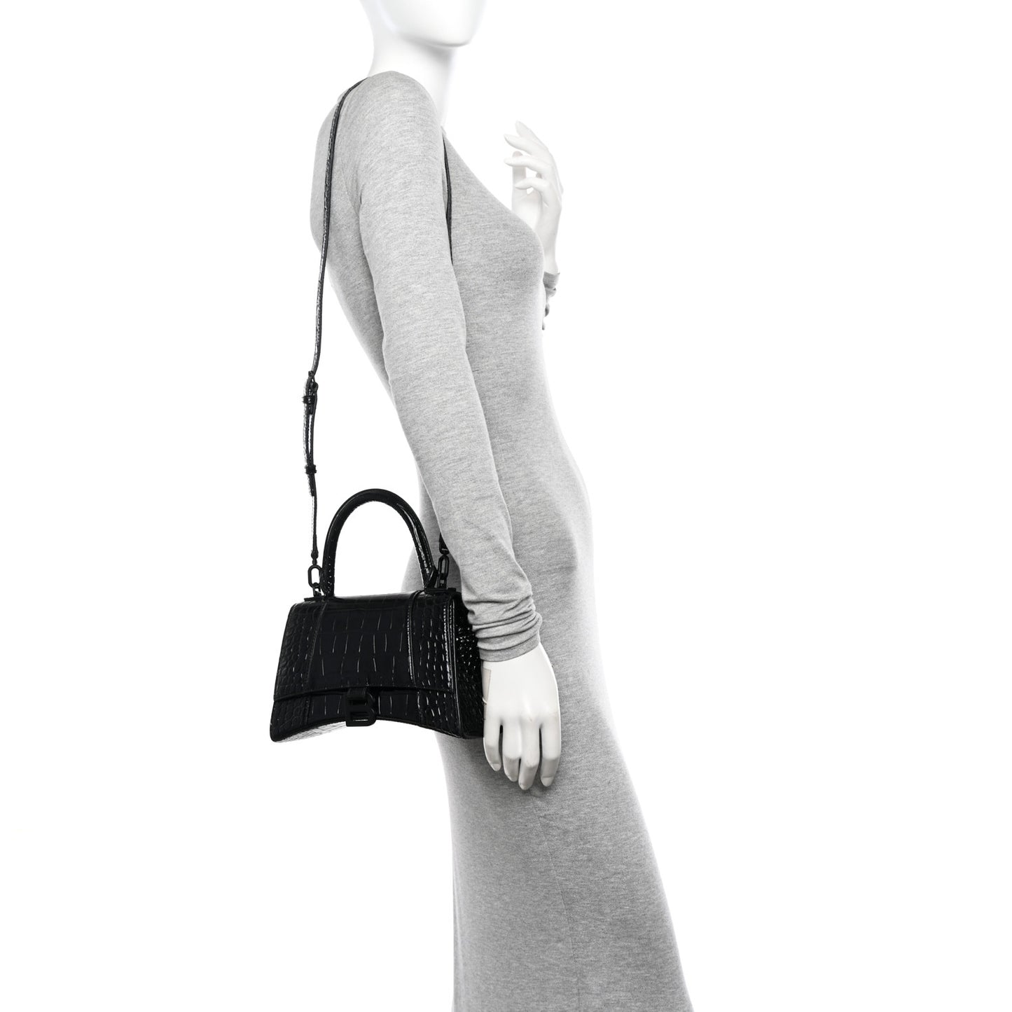 Shiny Calfskin Monochrome Crocodile Embossed Small Hourglass Top Handle Bag Black