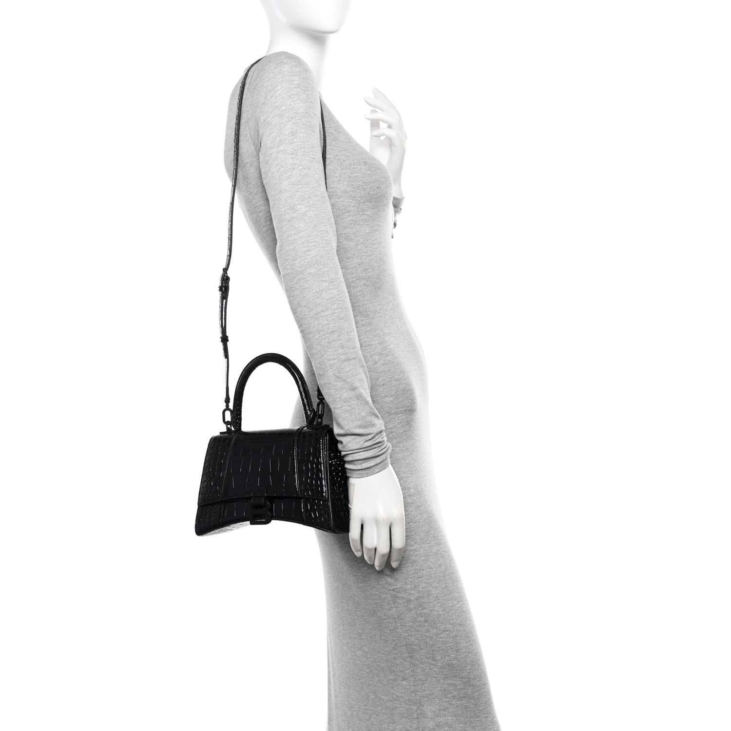 Balenciaga Shiny Calfskin Monochrome Crocodile Embossed Small Hourglass Top Handle Bag Black 3 of 11