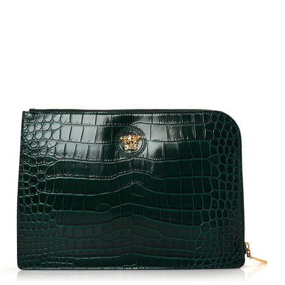 Versace Crocodile Embossed Calfskin Medusa Small Zip Clutch Bottle Green 1 of 8