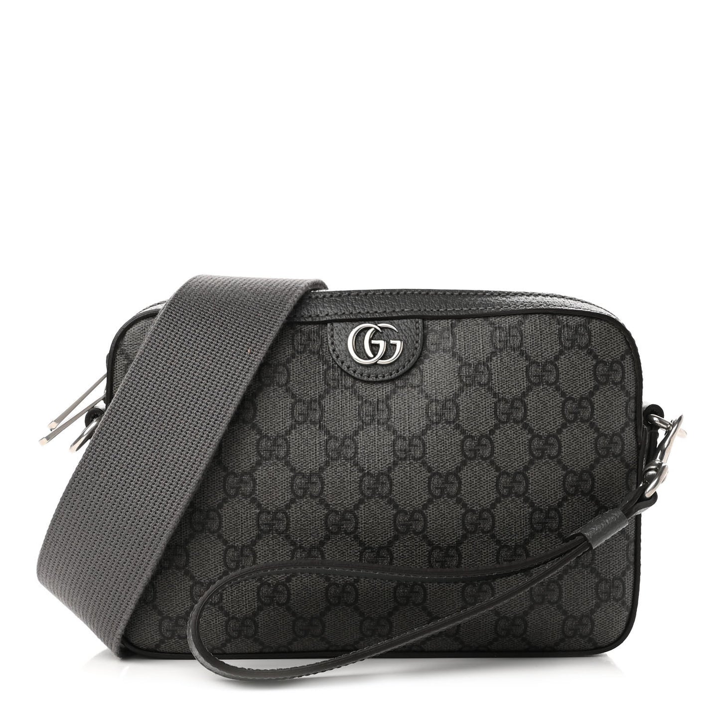 GG Supreme Monogram Textured Dollar Calfskin Web Ophidia Wristlet Shoulder Bag Grey Black Graphite Grey