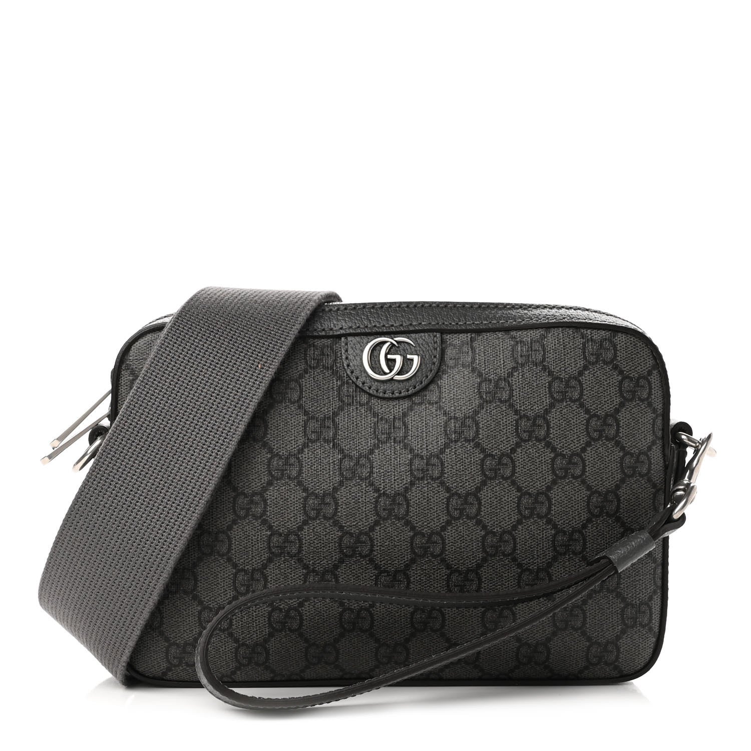 Gucci GG Supreme Monogram Textured Dollar Calfskin Web Ophidia Wristlet Shoulder Bag Grey Black Graphite Grey 1 of 9