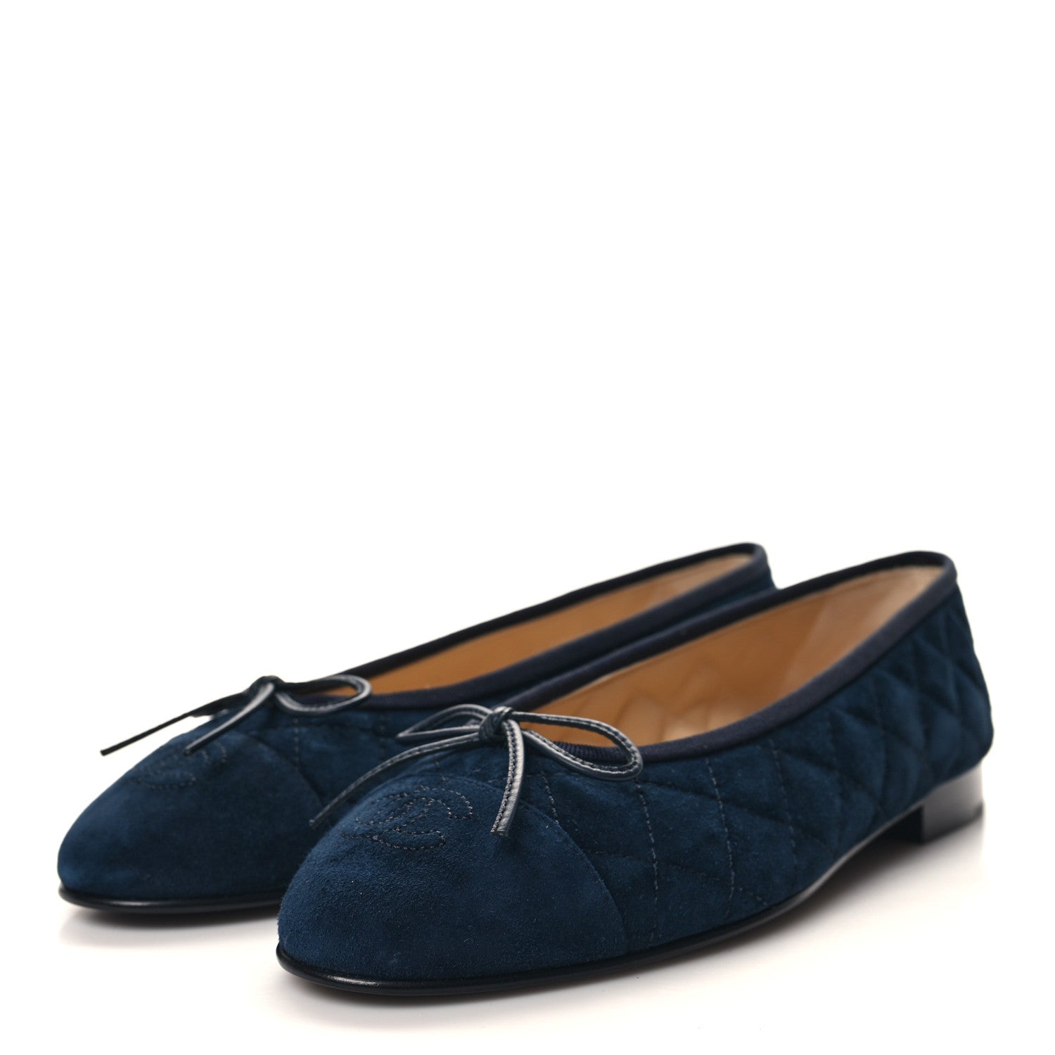 Chanel Suede Calfskin Quilted Cap Toe CC Ballerina Flats 38 Navy 3 of 9