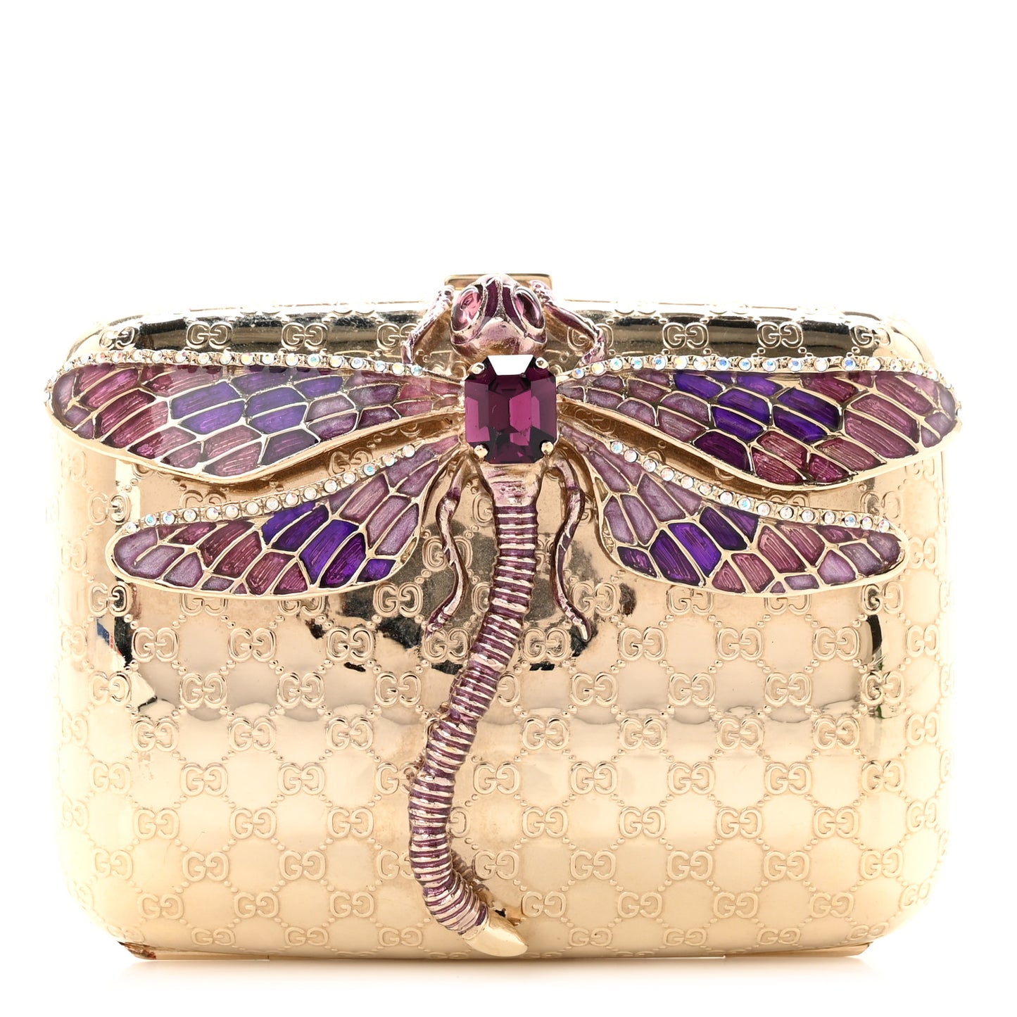Metal Guccissima Dragonfly Minaudiere Clutch Gold