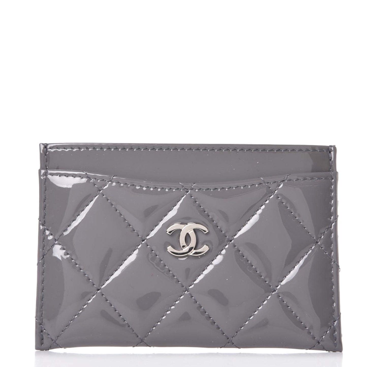 Patent Calfskin Quilted Card Holder Grey