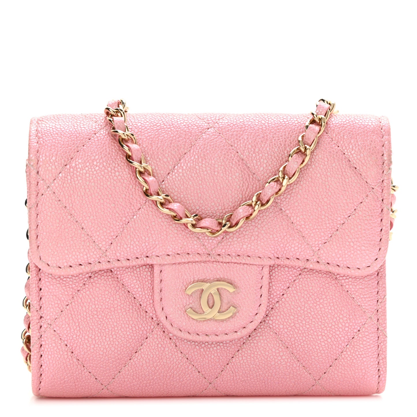 Iridescent Caviar Quilted Flap Card Holder On Chain Pink