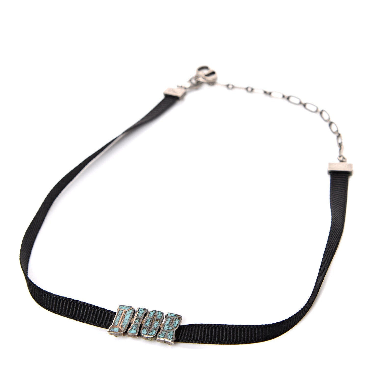 Christian Dior Grosgrain Turquoise Choker Necklace Black 1 of 4