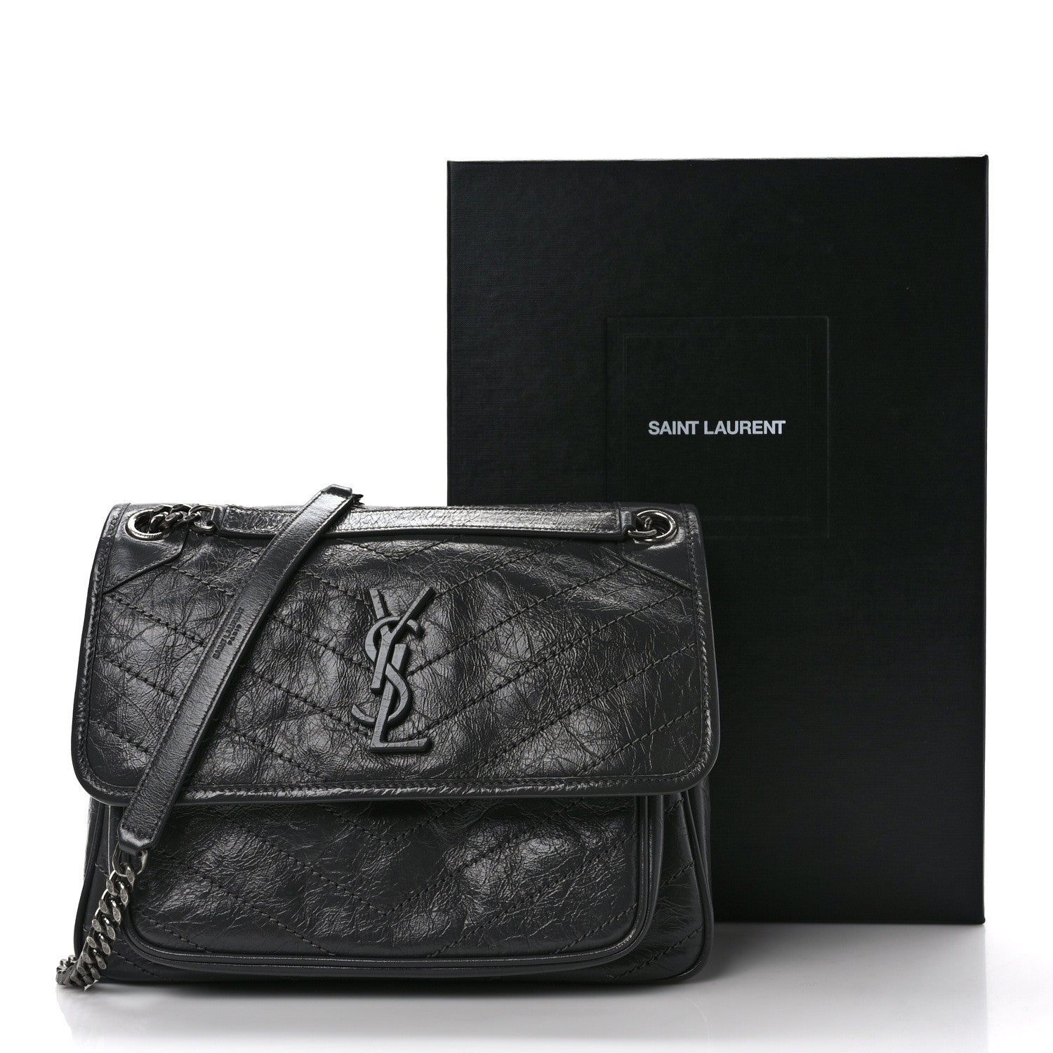 Saint Laurent Crinkled Calfskin Matelasse Monogram Medium Niki Chain Satchel Storm 9 of 9