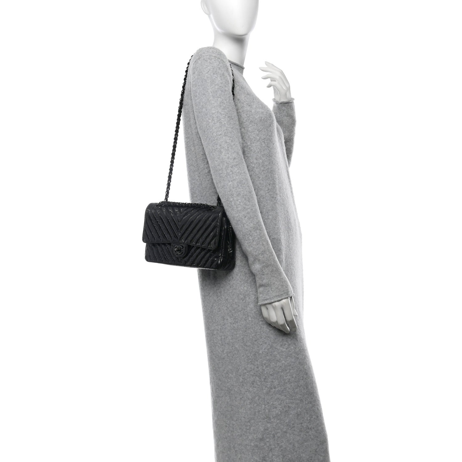 Chanel Metallic Patent Crumpled Calfskin Chevron Quilted Medium Double Flap So Black 2 of 12