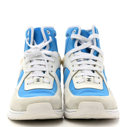 Chanel Suede Calfskin Lambskin High Top CC Sneakers 40 White Blue 2 of 9
