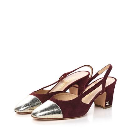 Chanel Kid Suede Metallic Lambskin Cap Toe CC Slingback Pumps 36 Burgundy Gold 3 of 9