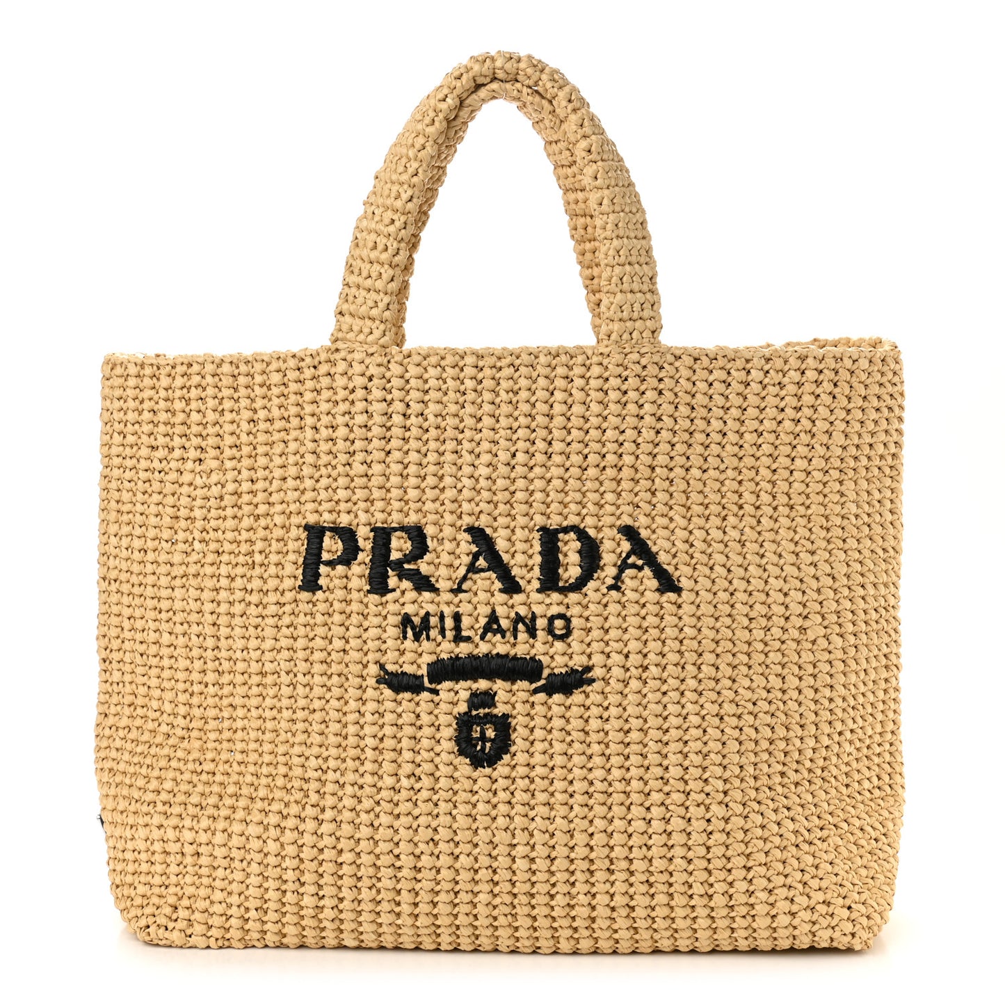 Yarn Raffia Effect Crochet Embroidered Logo Tote Naturale