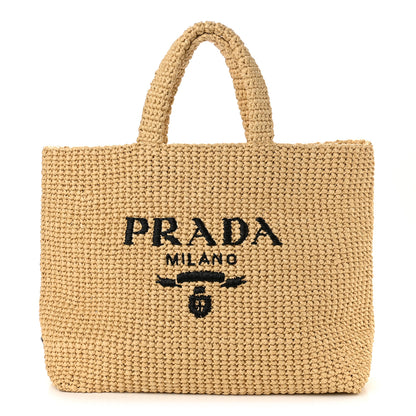 Prada Yarn Raffia Effect Crochet Embroidered Logo Tote Naturale 1 of 10