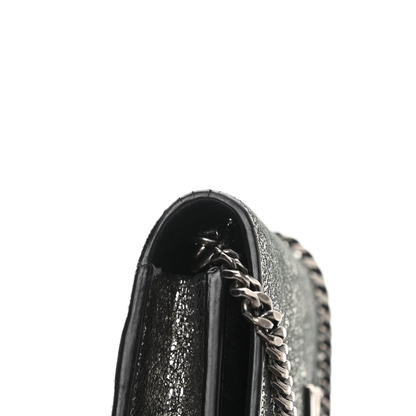 Metallic Calfskin Classic Monogram Kate Tassel Chain Wallet Gun Metal