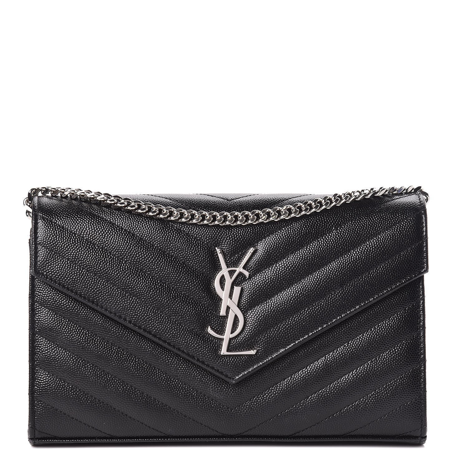 Saint Laurent Grain De Poudre Matelasse Chevron Monogram Chain Wallet Black 1 of 11